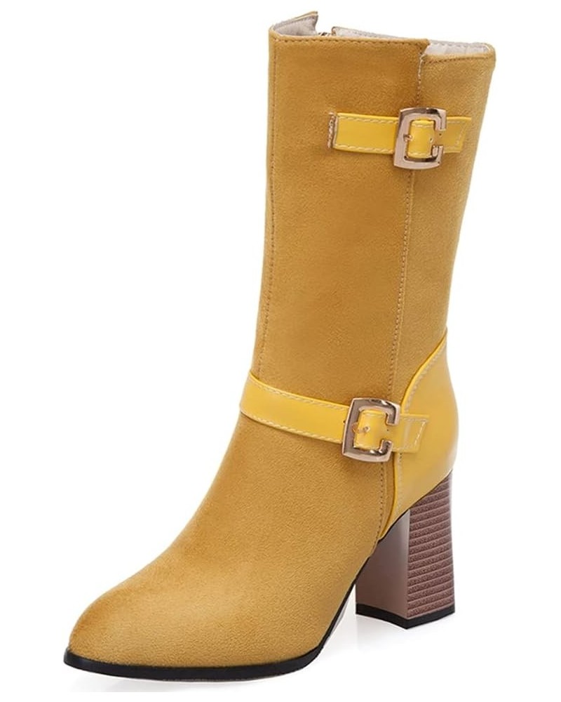 Women Casual Chunky Heel Mid Calf Boots with Side Zip Yellow $35.92 Boots