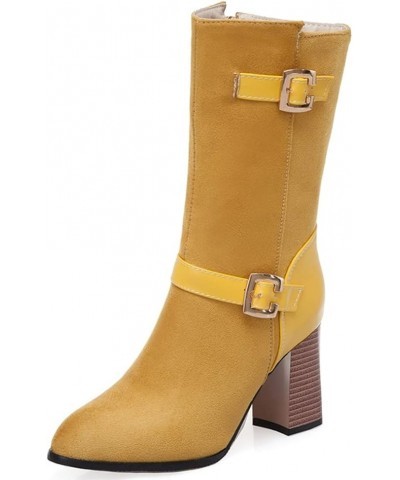 Women Casual Chunky Heel Mid Calf Boots with Side Zip Yellow $35.92 Boots