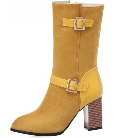 Women Casual Chunky Heel Mid Calf Boots with Side Zip Yellow $35.92 Boots