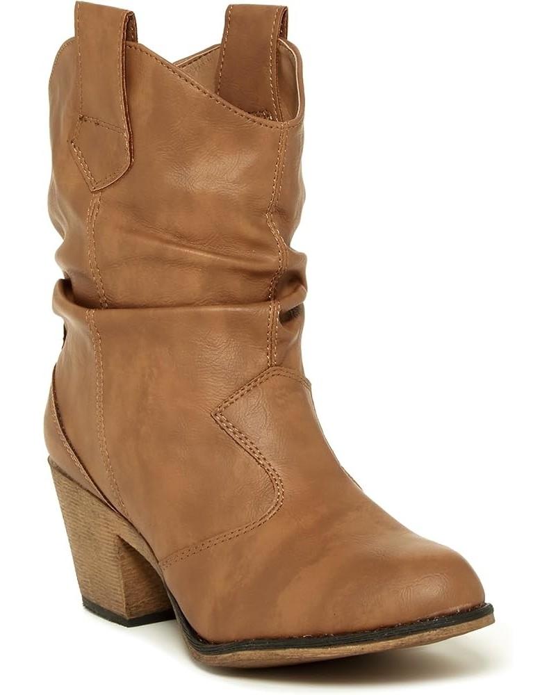 Women's Modern Western Cowboy Distressed Boot with Pull-Up Tabs Tan $22.92 Boots