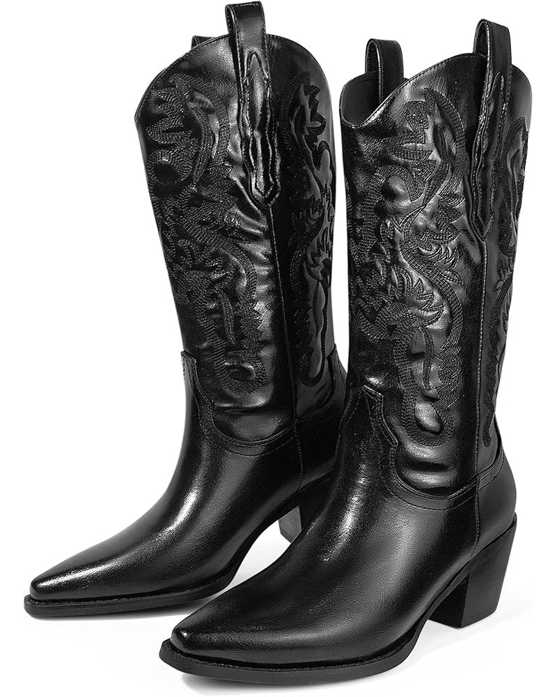 Cowboy Boots for Women - Wide Calf Cowgirl Boots Embroidered Mid-Calf Western Boots Black $15.56 Boots