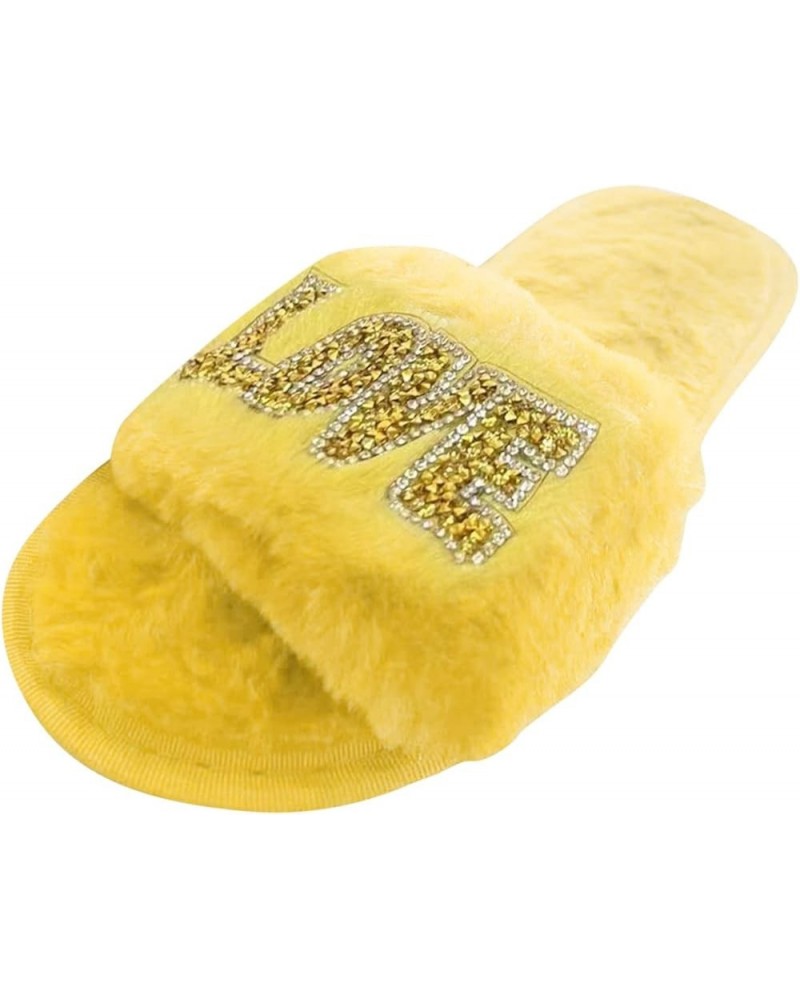 Ladies Fashion Rhinestone Decorative Open Toe Fluffy Cotton Flat Slippers Charter Club Slippers for Women Yellow $12.23 Slippers