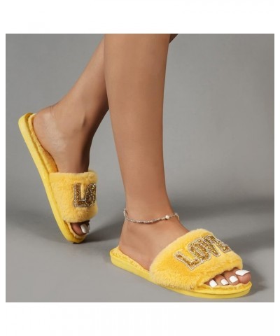 Ladies Fashion Rhinestone Decorative Open Toe Fluffy Cotton Flat Slippers Charter Club Slippers for Women Yellow $12.23 Slippers