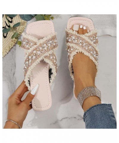 Breathable Open Toe Sandals for Women Womens Shoes Summer Square Toe Slippers Fashion Pearl Rhinestones Tassel Casual Beach S...