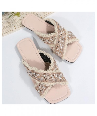 Breathable Open Toe Sandals for Women Womens Shoes Summer Square Toe Slippers Fashion Pearl Rhinestones Tassel Casual Beach S...