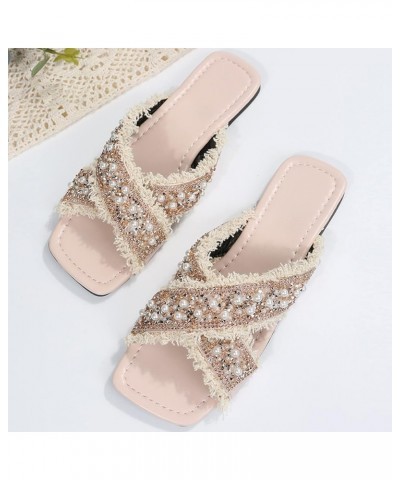 Breathable Open Toe Sandals for Women Womens Shoes Summer Square Toe Slippers Fashion Pearl Rhinestones Tassel Casual Beach S...