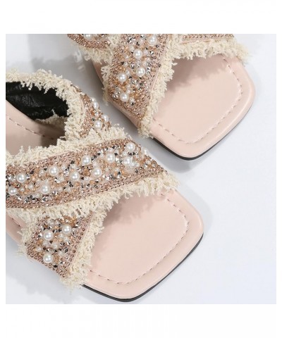 Breathable Open Toe Sandals for Women Womens Shoes Summer Square Toe Slippers Fashion Pearl Rhinestones Tassel Casual Beach S...