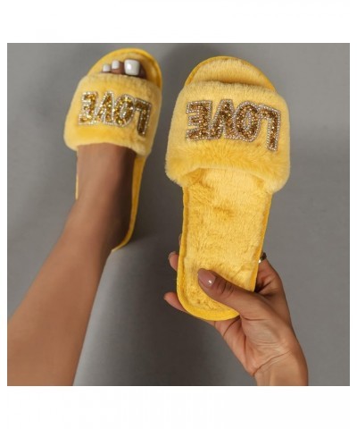 Ladies Fashion Rhinestone Decorative Open Toe Fluffy Cotton Flat Slippers Charter Club Slippers for Women Yellow $12.23 Slippers