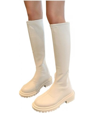 High Knee Boots for Women Wide Calf Long Color Thick Pure Autumn Round Toe Boots for Women Ankle Booties No Heel White-b $20....