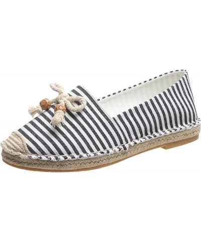 Women Slip on Sneakers, Womens Breathable Slip On Flats Bow Beaded Striped Canvas Straw Sole Leisure Sneakers Black $12.39 Fa...