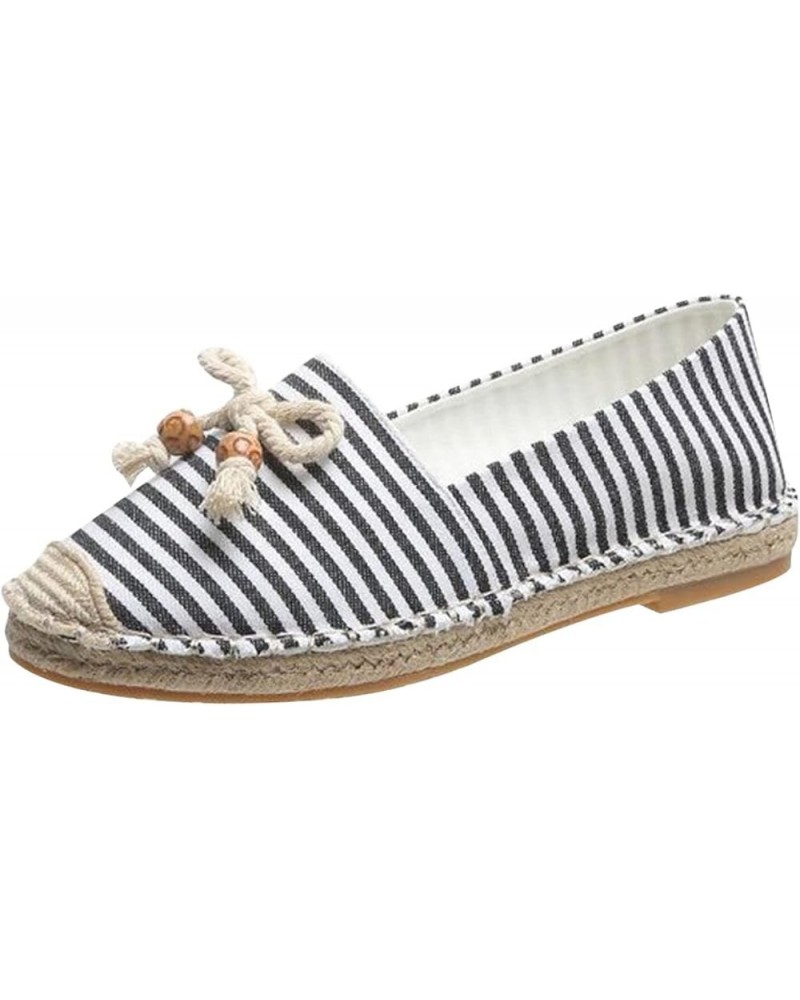 Women Slip on Sneakers, Womens Breathable Slip On Flats Bow Beaded Striped Canvas Straw Sole Leisure Sneakers Black $12.39 Fa...