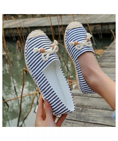 Women Slip on Sneakers, Womens Breathable Slip On Flats Bow Beaded Striped Canvas Straw Sole Leisure Sneakers Black $12.39 Fa...