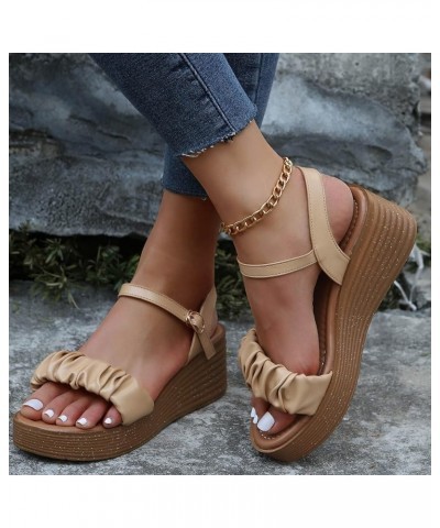 Women Platform Sandals Buckle Color Open Pleated Solid Platform Toe Wedge Ladies Sandals Fashion Casual Women's Sandals (Whit...