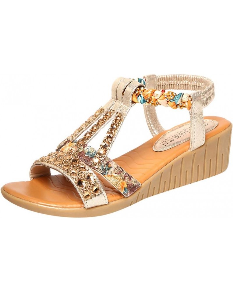 Sandals for Women Dressy Summer Rhinestone Elastic Band Wedge Sandals Comfy Open Toe Bohemian Beach Sandals Z06-gold $16.42 O...