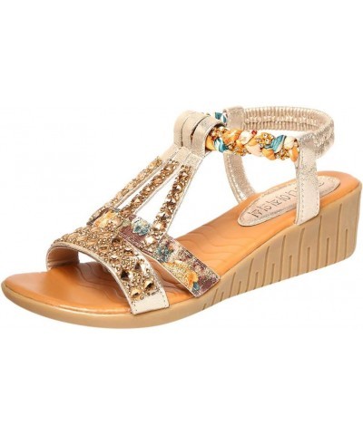 Sandals for Women Dressy Summer Rhinestone Elastic Band Wedge Sandals Comfy Open Toe Bohemian Beach Sandals Z06-gold $16.42 O...