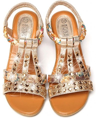 Sandals for Women Dressy Summer Rhinestone Elastic Band Wedge Sandals Comfy Open Toe Bohemian Beach Sandals Z06-gold $16.42 O...