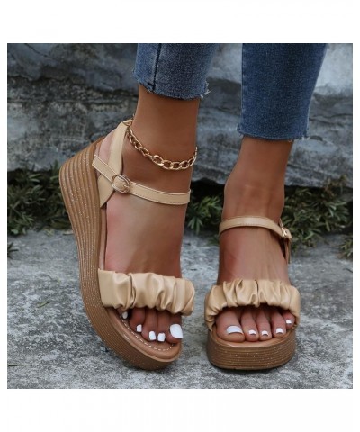 Women Platform Sandals Buckle Color Open Pleated Solid Platform Toe Wedge Ladies Sandals Fashion Casual Women's Sandals (Whit...