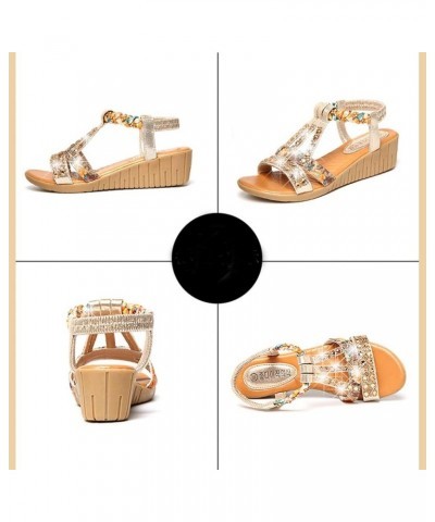 Sandals for Women Dressy Summer Rhinestone Elastic Band Wedge Sandals Comfy Open Toe Bohemian Beach Sandals Z06-gold $16.42 O...