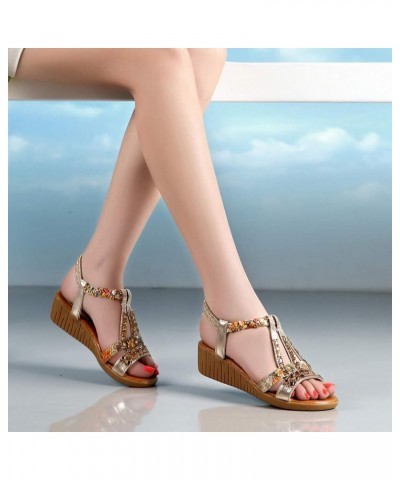 Sandals for Women Dressy Summer Rhinestone Elastic Band Wedge Sandals Comfy Open Toe Bohemian Beach Sandals Z06-gold $16.42 O...