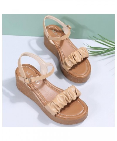 Women Platform Sandals Buckle Color Open Pleated Solid Platform Toe Wedge Ladies Sandals Fashion Casual Women's Sandals (Whit...