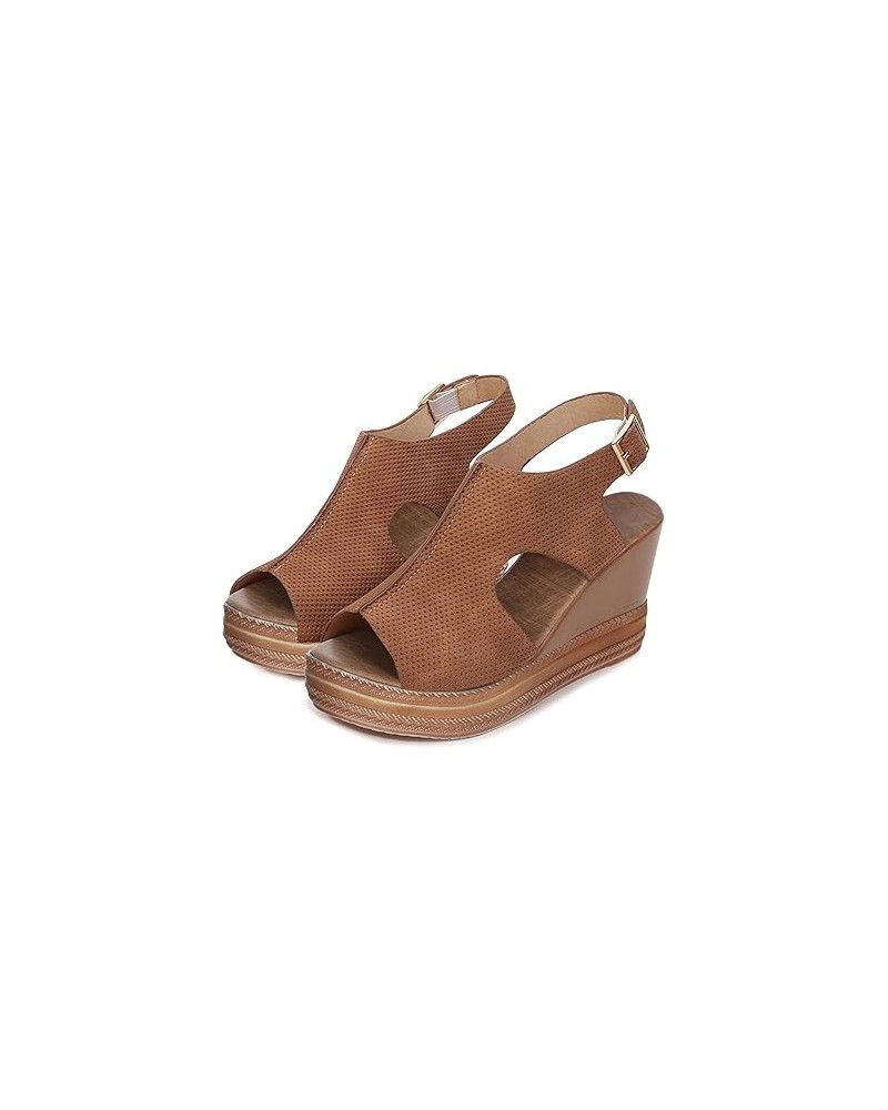 Women's Sandals Platform Peep Toe Wedge Sandals Women Casual Wedge Buckle Ankle Strap Summer Sandal 8.5 Brown $16.76 Sandals