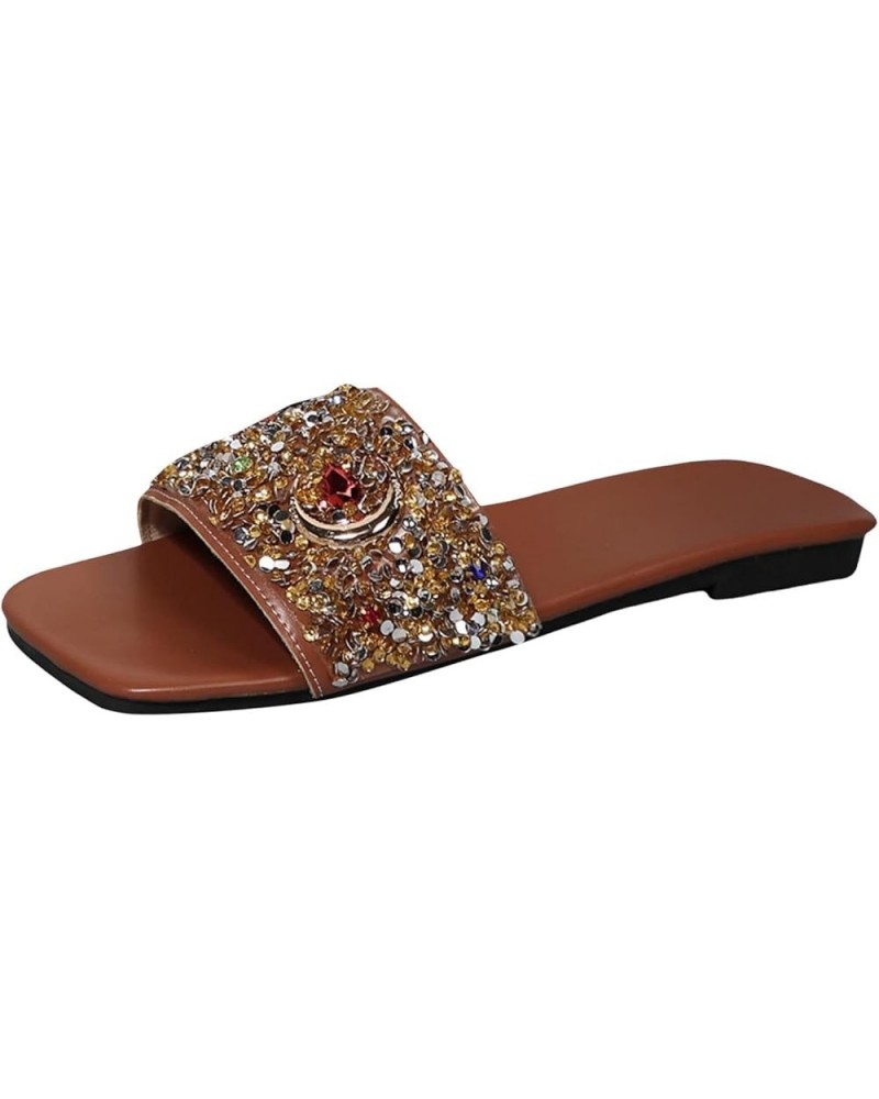 Vegan Sandals Women Women Sandals Fashionable New Pattern Bright Diamond Decorative Square Toe Open Toe Dress Sandals Brown $...