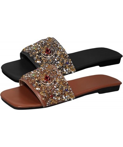 Vegan Sandals Women Women Sandals Fashionable New Pattern Bright Diamond Decorative Square Toe Open Toe Dress Sandals Brown $...