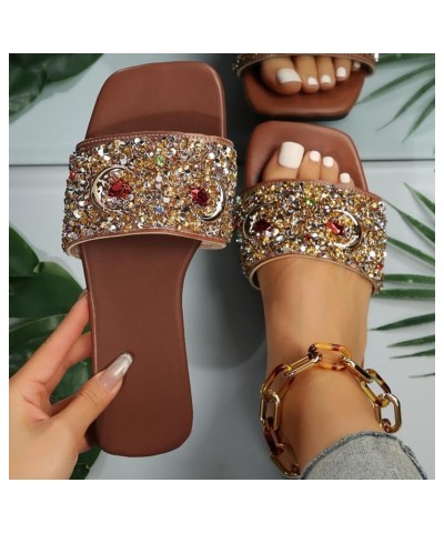 Vegan Sandals Women Women Sandals Fashionable New Pattern Bright Diamond Decorative Square Toe Open Toe Dress Sandals Brown $...