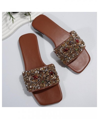 Vegan Sandals Women Women Sandals Fashionable New Pattern Bright Diamond Decorative Square Toe Open Toe Dress Sandals Brown $...