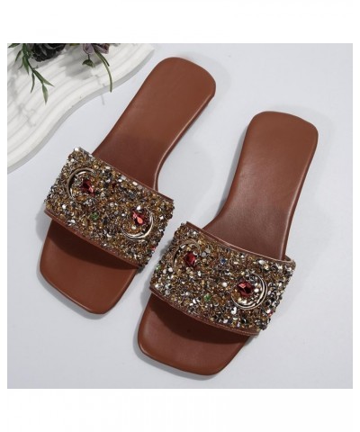 Vegan Sandals Women Women Sandals Fashionable New Pattern Bright Diamond Decorative Square Toe Open Toe Dress Sandals Brown $...