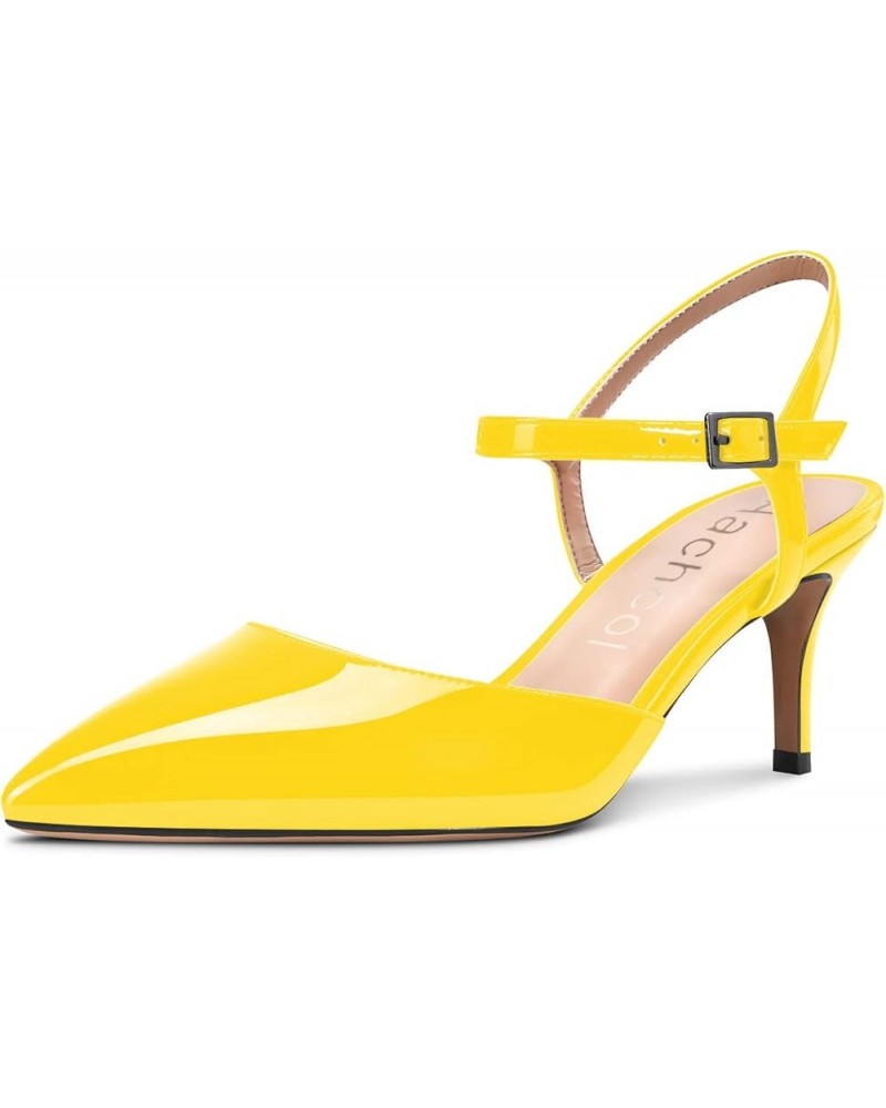 Women Slingback Pumps Ankle Strap Stiletto Mid Heel Sandals Pointed Toe Dress Shoes Clear Sexy 2.5 Inch Yellow Patent $41.24 ...