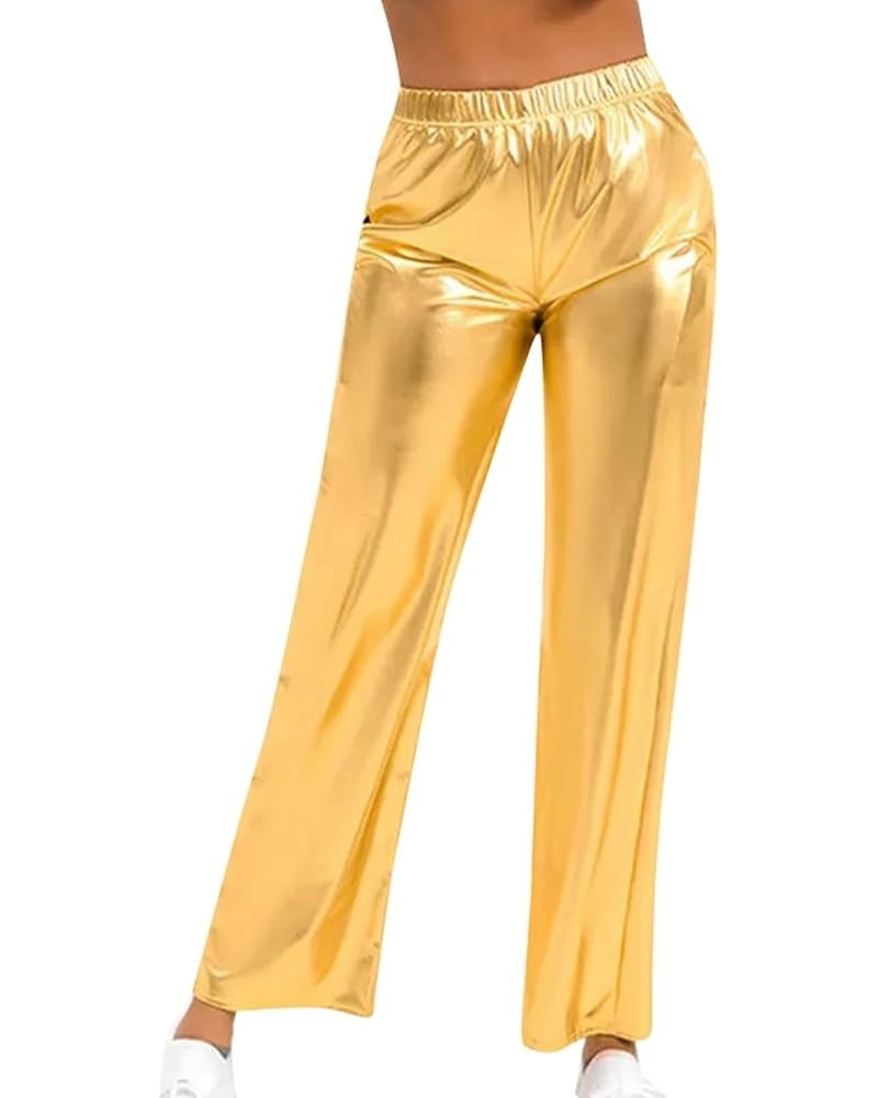 Ladies Comfortable Casual Candy Color PU Leather Elastic Waist Nine Point Pants Leather Pants Gold - 2024 Pants for Women $10...