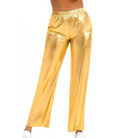 Ladies Comfortable Casual Candy Color PU Leather Elastic Waist Nine Point Pants Leather Pants Gold - 2024 Pants for Women $10...