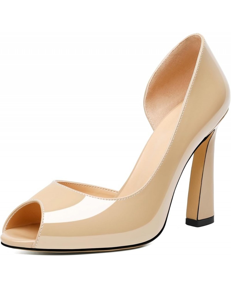 Peep Toe High Heels for Women Stiletto Heel Pumps Slip-On Open Toe 4 Inch Flare Heel Dress Shoes Patent Beige $29.99 Pumps