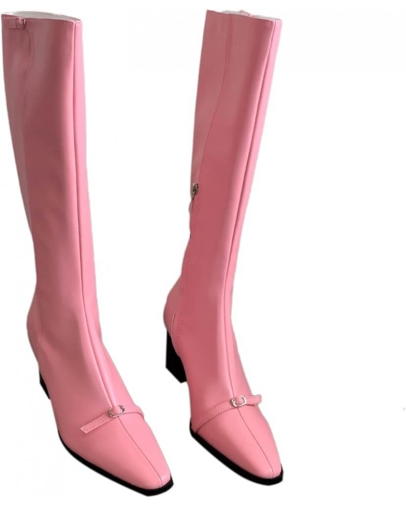 Women's Knee High Block Heel Boot Fashion Pointed Toe Side Zipper Outdoor Comfortable Riding Boots Pink $31.20 Boots