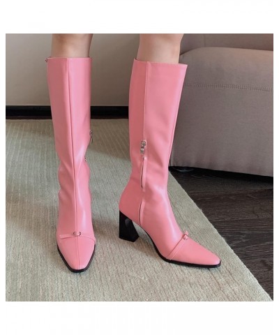 Women's Knee High Block Heel Boot Fashion Pointed Toe Side Zipper Outdoor Comfortable Riding Boots Pink $31.20 Boots