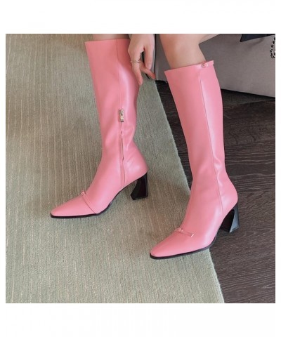 Women's Knee High Block Heel Boot Fashion Pointed Toe Side Zipper Outdoor Comfortable Riding Boots Pink $31.20 Boots