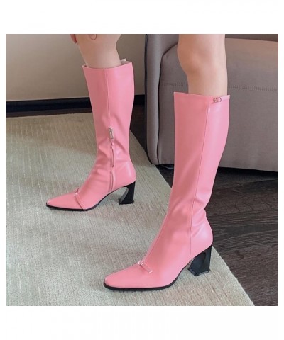 Women's Knee High Block Heel Boot Fashion Pointed Toe Side Zipper Outdoor Comfortable Riding Boots Pink $31.20 Boots