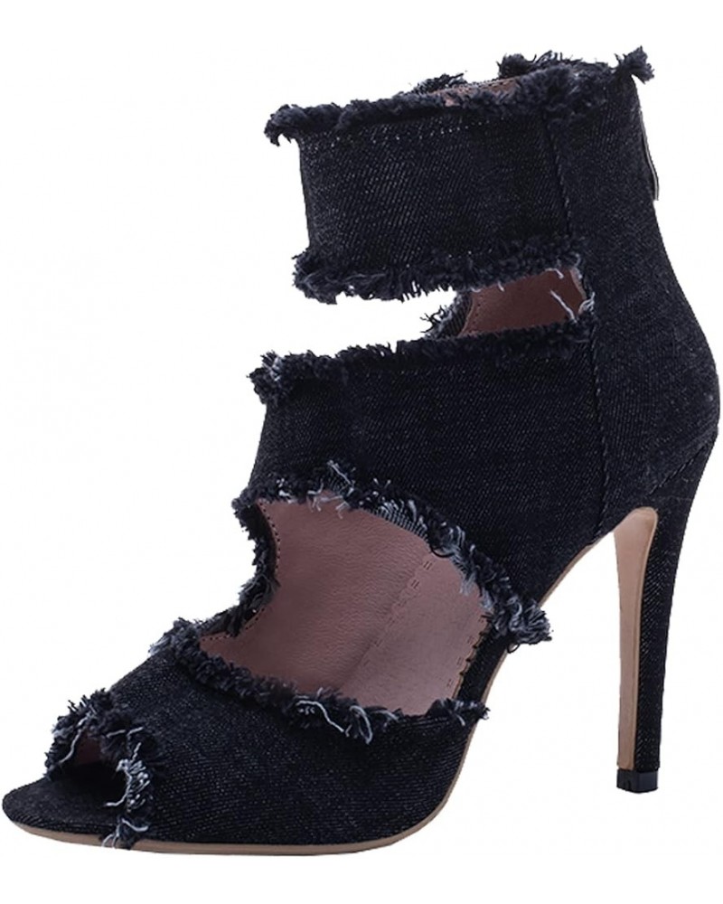 Women's Peep Toe Stiletto Denim Sandals High Heels Summer Booties Open Toe Ankle Boots Pumps Zip Up Black $35.39 Sandals