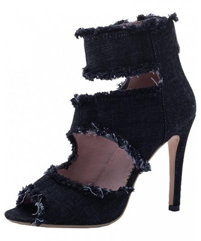 Women's Peep Toe Stiletto Denim Sandals High Heels Summer Booties Open Toe Ankle Boots Pumps Zip Up Black $35.39 Sandals