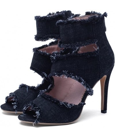 Women's Peep Toe Stiletto Denim Sandals High Heels Summer Booties Open Toe Ankle Boots Pumps Zip Up Black $35.39 Sandals