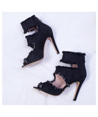 Women's Peep Toe Stiletto Denim Sandals High Heels Summer Booties Open Toe Ankle Boots Pumps Zip Up Black $35.39 Sandals