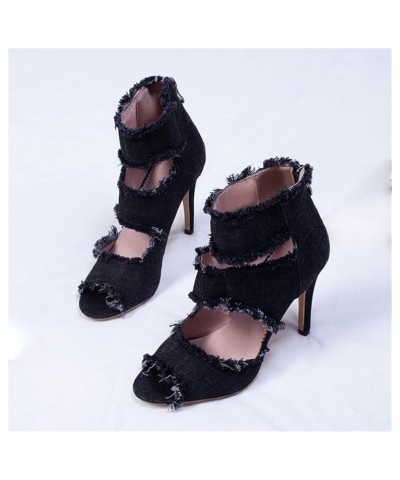 Women's Peep Toe Stiletto Denim Sandals High Heels Summer Booties Open Toe Ankle Boots Pumps Zip Up Black $35.39 Sandals