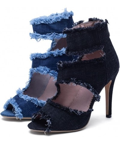 Women's Peep Toe Stiletto Denim Sandals High Heels Summer Booties Open Toe Ankle Boots Pumps Zip Up Black $35.39 Sandals