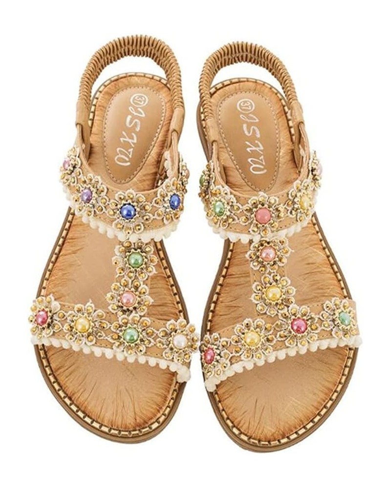 Bohemian Casual Women Sandals2021 Fashion Women Round Toe Crystal Flat Bottom Beach Shoes 6 Apricot $16.92 Sandals