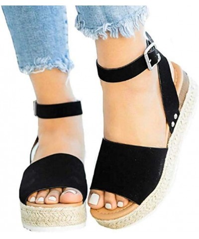 platform sandals for women, Women's Summer Rhinestone Side Hollow Thick Heel Flat Open Toe Buckle Sandals Z 02-black $14.01 S...