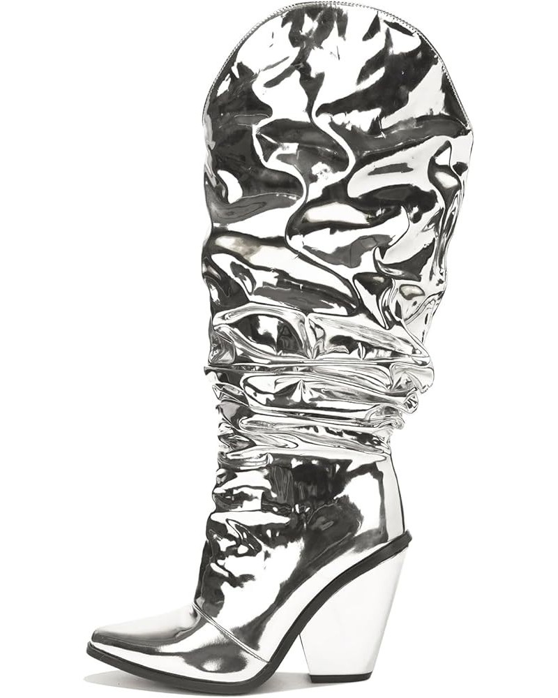 Goolita Metallic Cowboy Boots For Women, Pointed Toe Chunky Heel Cowgirl Boots Slip On Wide Calf Slouch Knee High Boots Silve...