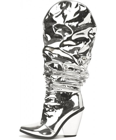 Goolita Metallic Cowboy Boots For Women, Pointed Toe Chunky Heel Cowgirl Boots Slip On Wide Calf Slouch Knee High Boots Silve...