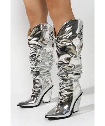 Goolita Metallic Cowboy Boots For Women, Pointed Toe Chunky Heel Cowgirl Boots Slip On Wide Calf Slouch Knee High Boots Silve...