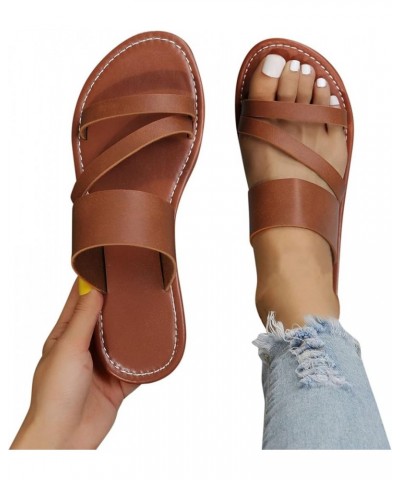 Sandals for Women Dressy Summer,Women's Leather Slip On Slides Flat Slippers Comfy Open Toe Retro Sandals Brown $9.88 Sandals